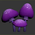 Three Purple Mushrooms with White Spots 3D Render on Dark Background