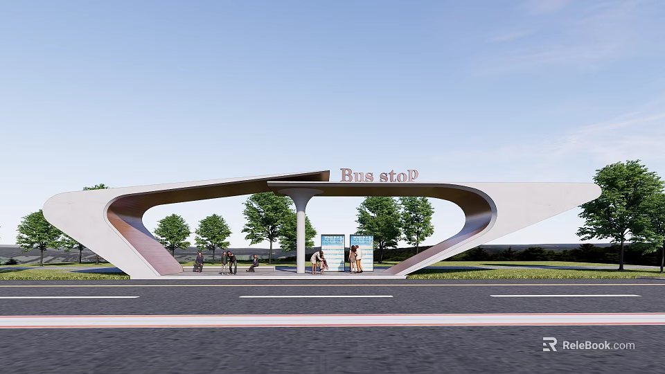 Modern Bus Stop with Curved Roof Structure Surrounded by Trees and Waiting Passengers 3d model 