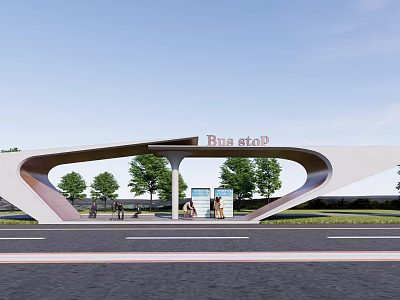 Modern Bus Stop with Curved Roof Structure Surrounded by Trees and Waiting Passengers 3d model