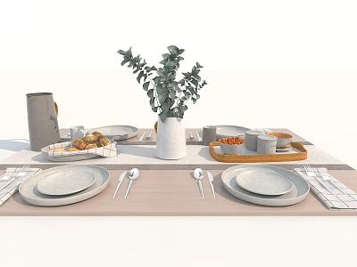 Modern Dinnerware Set with Plates Spoons Forks Green Plant Vase and Checkered Tablecloth 3d model