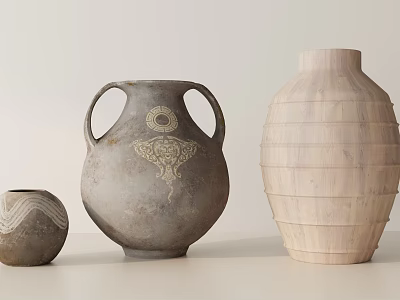 Decorative Ornament Set with Ceramic and Wooden Vases Wave Patterns Double Handles and Striped Design 3d model