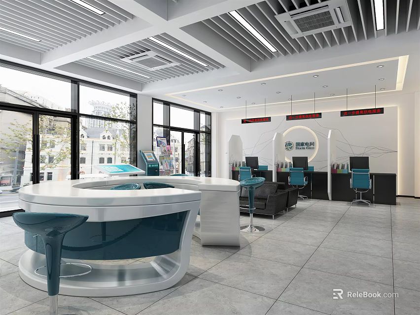 Modern Service Hall Interior With Round Counter Blue Chairs Computers And Large Windows 3d model 