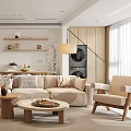 Modern Living and Dining Room Space With Beige Sofa Coffee Table And Decor Shelves