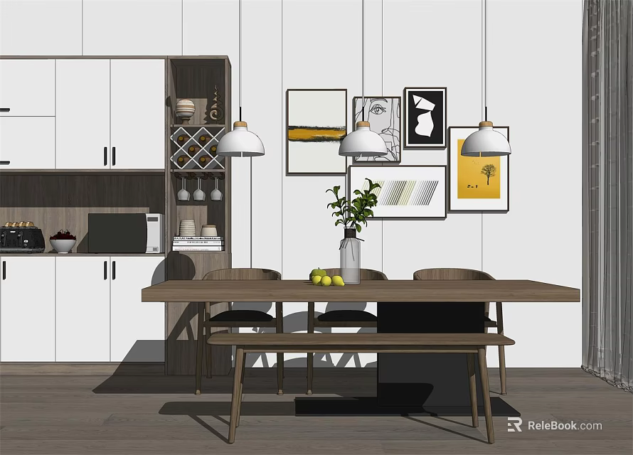 Modern Dining Table Set With Pendant Lights Wall Art Dining Chairs And Cabinets 3d model