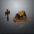 Mystery Shack Wooden Cabin Building With Signboard Decorative Flags And Roof Design
