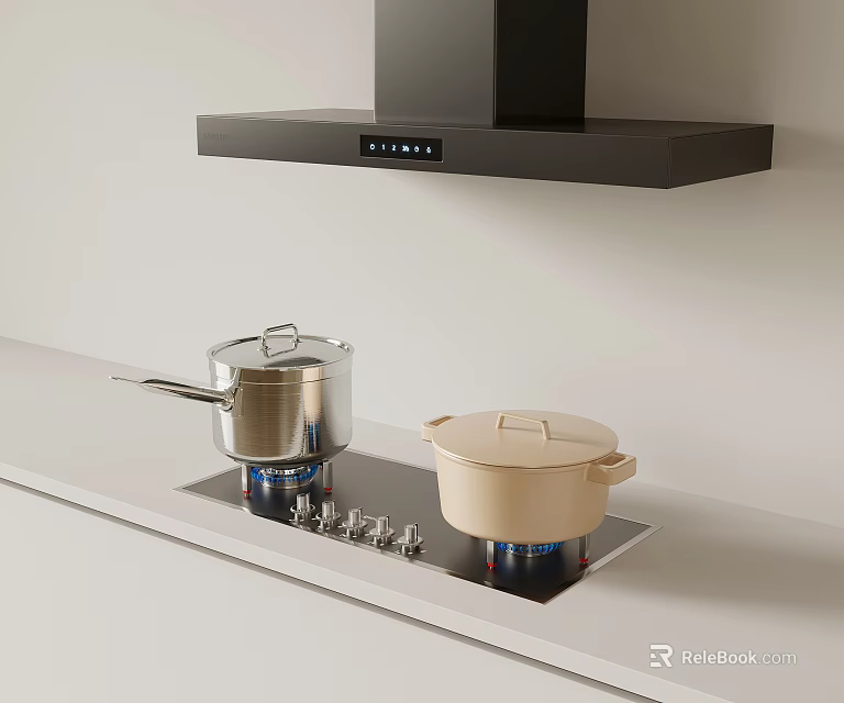 Modern Kitchen Appliances With Black Range Hood Gas Stove Silver Beige Pots And White Countertop 3d model 