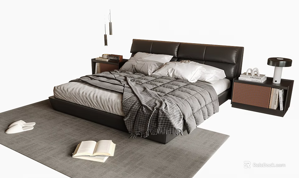 Double Bed With Black Headboard Gray Comforter White Pillows Nightstands Gray Rug And Open Book 3d model 