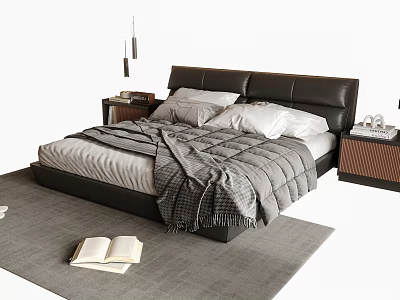 Double Bed With Black Headboard Gray Comforter White Pillows Nightstands Gray Rug And Open Book 3d model