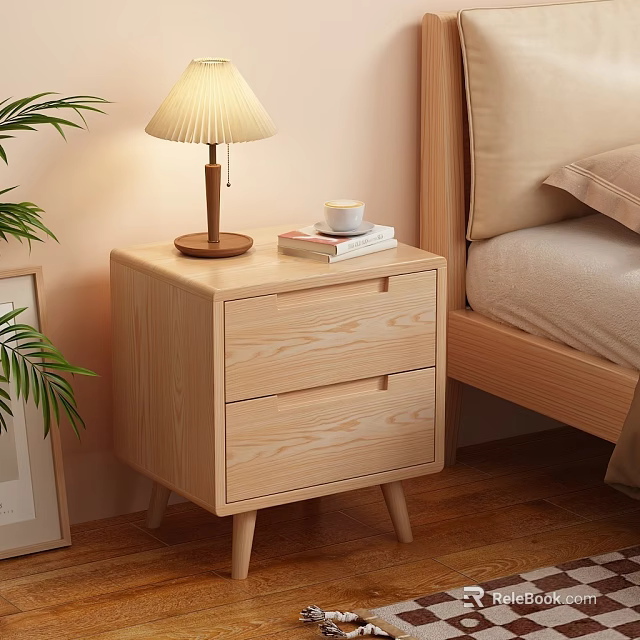 Modern Wooden Nightstand With Two Drawers Table Lamp Book And Cup Beside Bed 3d model 