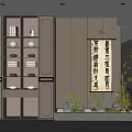 Modern Shop Front Desk with Wooden Wall LED Shelves Bowls Plates Chinese Calligraphy Rock Plant Decor