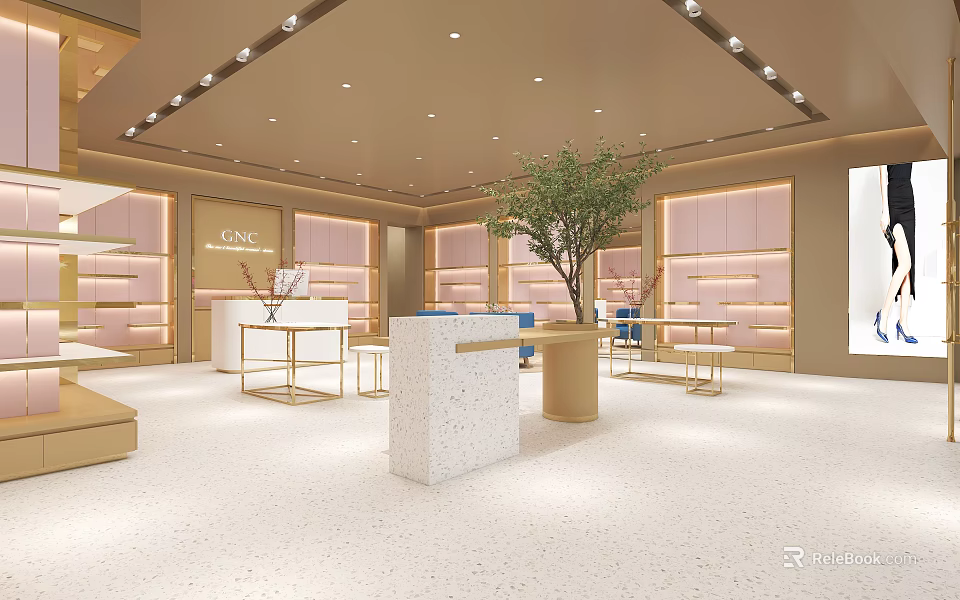 Modern Elegant Boutique Interior With Pink Shelves Gold Decor White Floor And Green Plant 3d model 