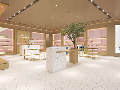 Modern Elegant Boutique Interior With Pink Shelves Gold Decor White Floor And Green Plant 3d model