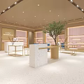 Modern Elegant Boutique Interior With Pink Shelves Gold Decor White Floor And Green Plant