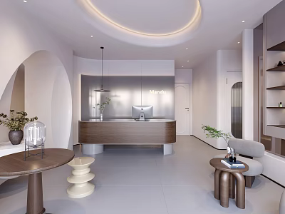 Modern Beauty Salon Interior With Wooden Reception Desk Circular Ceiling And Plants 3d model
