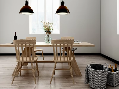 Wooden Dining Table Set With Chairs Pendant Lights Vase And Natural Light 3d model