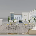 Modern Exhibition Booth Interior With Tables Chairs Display Walls And Green Plants