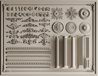 European-style carved plaster carved corner flower carved plaster line disc carved lamp plate Roman column 3d model