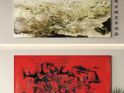 Abstract Paintings On Canvas With Textured Beige Yellow Black Layers And Vibrant Red Abstract Patterns 3d model