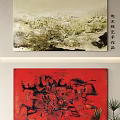 Abstract Paintings On Canvas With Textured Beige Yellow Black Layers And Vibrant Red Abstract Patterns