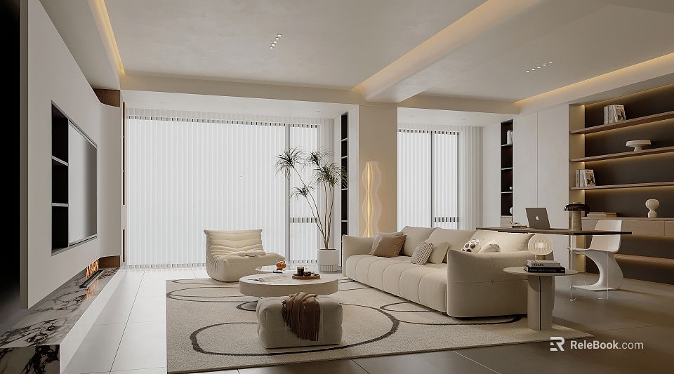Modern Spacious White Living Room Interior With Large Windows Blinds Beige Sofa Armchair And Plants 3d model 