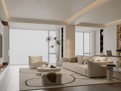 Modern Spacious White Living Room Interior With Large Windows Blinds Beige Sofa Armchair And Plants 3d model