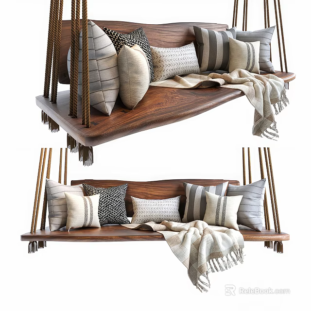Wooden Hanging Chair With Multiple Soft Pillows And Cozy Knit Blanket 3d model 