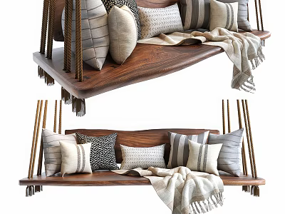 Wooden Hanging Chair With Multiple Soft Pillows And Cozy Knit Blanket 3d model
