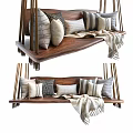 Wooden Hanging Chair With Multiple Soft Pillows And Cozy Knit Blanket
