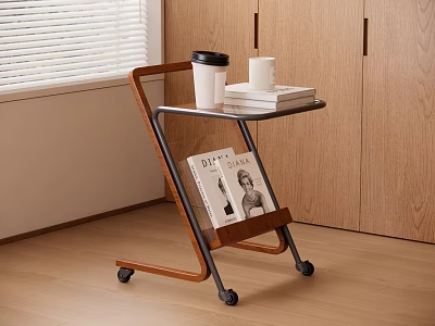 Modern Mobile Wooden Side Cart With Metal Frame Coffee Cup And Books In Living Room 3d model