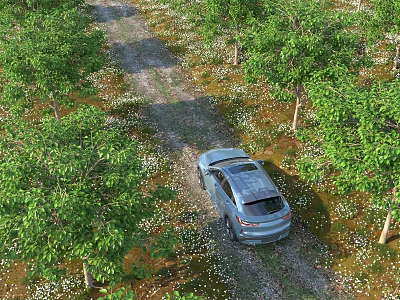 Scenic Garden Landscape With Dirt Road Blue Car Green Trees And White Little Flowers 3d model
