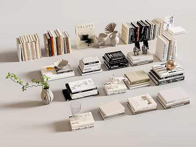 Stylish Modern Books and Magazines Display With Stacked Arrangement And Decorative Vase Plant Ornaments 3d model