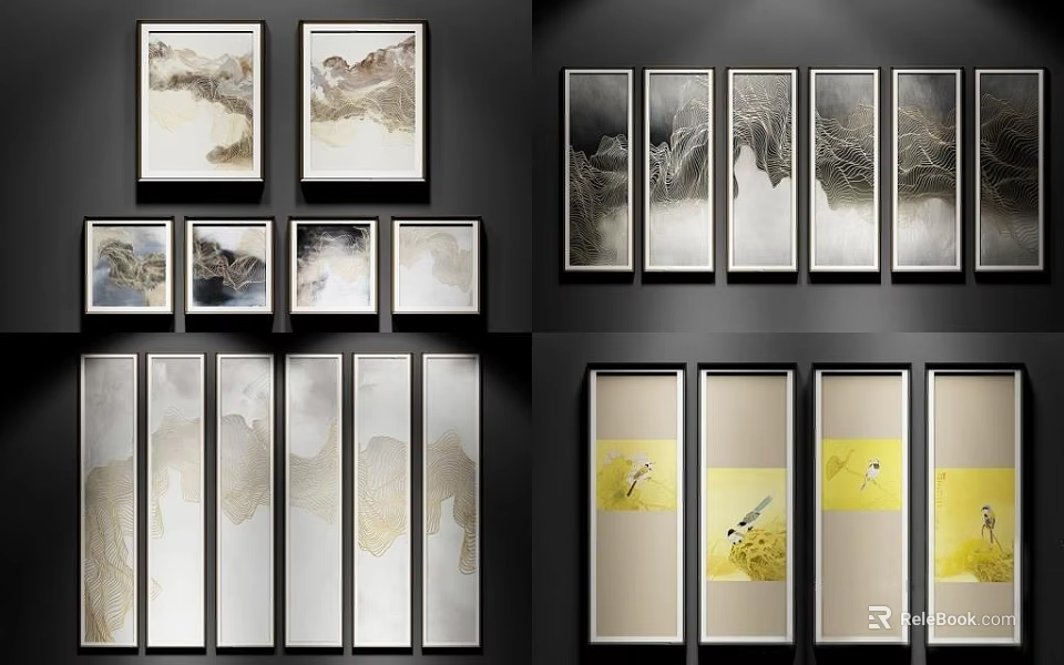 Abstract Art Paintings With Framed Multiple Panel Arrangements And Displays 3d model