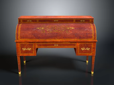 Ornate Wooden Writing Desk With Red Finish Golden Accents And Decorative Patterns 3d model
