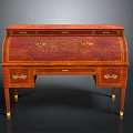 Ornate Wooden Writing Desk With Red Finish Golden Accents And Decorative Patterns