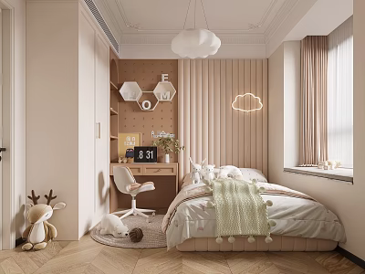 Cozy Kids Room With Cloud Lamp Desk Plush Deer And Soft Bedding 3d model
