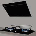 Modern Kitchen Appliances with Gas Cooktop Frying Pan Range Hood and Blue Flames