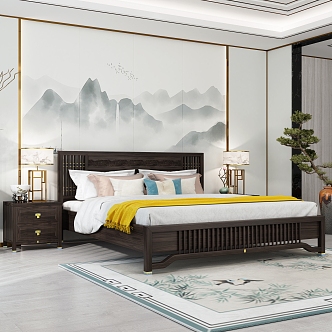 New Chinese background double bed main picture 3d model