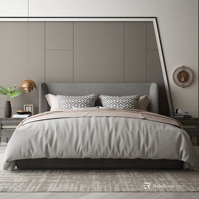 Double Bed with Gray Headboard Geometric Pillows Light Gray Bedding and Brass Pendant Light 3d model 
