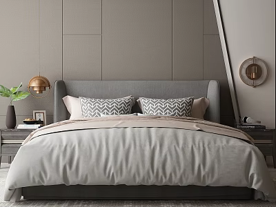 Double Bed with Gray Headboard Geometric Pillows Light Gray Bedding and Brass Pendant Light 3d model