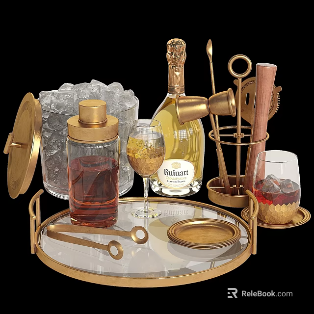 Elegant Beverage Setup on Golden Tray with Champagne Bottle Ice Cubes Mixing Tools and Glasses 3d model 