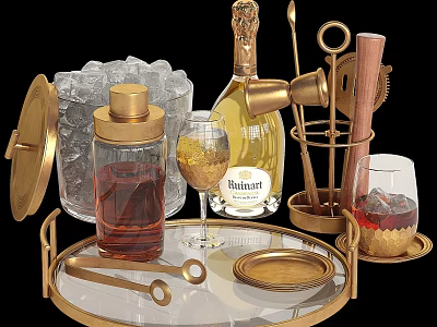 Elegant Beverage Setup on Golden Tray with Champagne Bottle Ice Cubes Mixing Tools and Glasses 3d model