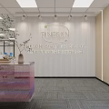 Public Office Space With Large Windows Recessed Lights Long Desk Computer Monitors Office Chairs And Gray Carpet