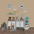 White Storage Cabinet In Kids Room With Shutter Doors Stuffed Bears And Mini House Decor