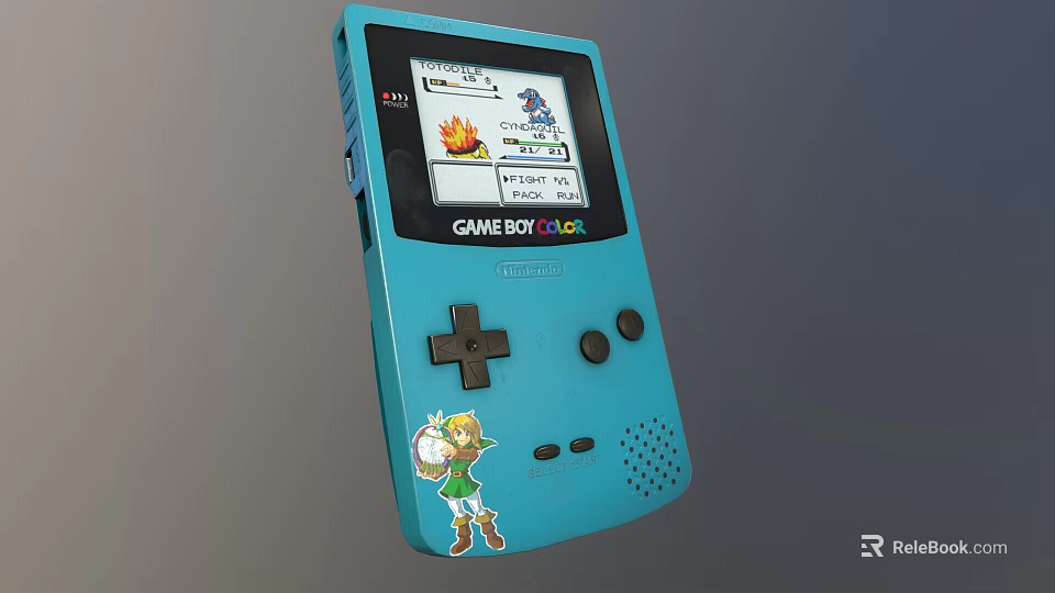 Blue Game Boy Color Entertainment Electronics with Game Screen Display and Cartoon Character Sticker 3d model 