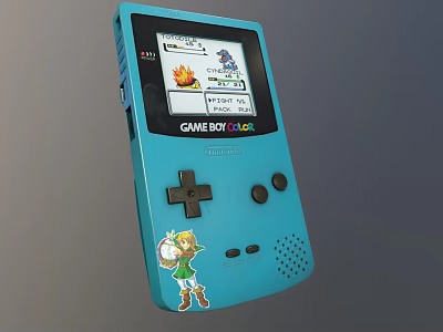 Blue Game Boy Color Entertainment Electronics with Game Screen Display and Cartoon Character Sticker 3d model