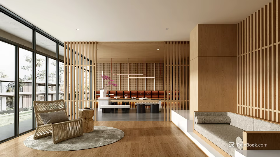 Modern Cozy Lounge Area With Wooden Screens Comfortable Seating And Natural Lighting 3d model 