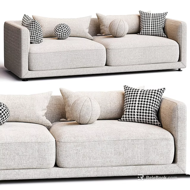 Modern Light Gray Sofa With Checkerboard Pattern Pillows And Round Cushions 3d model