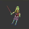 Game Movie Character With Blue And White Hair Holding Blue Lightsaber In Black Red Outfit