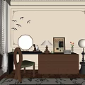 Elegant Brown Dressing Table with Circular Drawers Round Mirror Lamp Chair and Wall Bird Decor