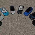 Various Car Models In Multiple Colors Parked On Cobblestone Ground Showcase 3d model